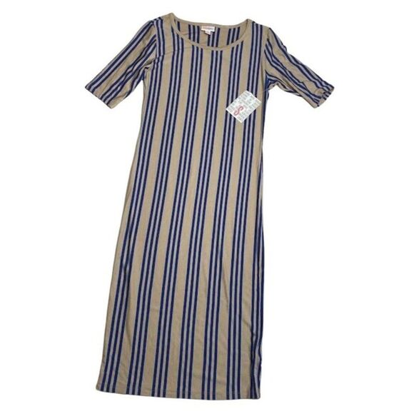 LuLaRoe Julia Beige‎ Blue Stripe Bodycon Stretch Soft Dress Small NEW - Picture 2 of 5